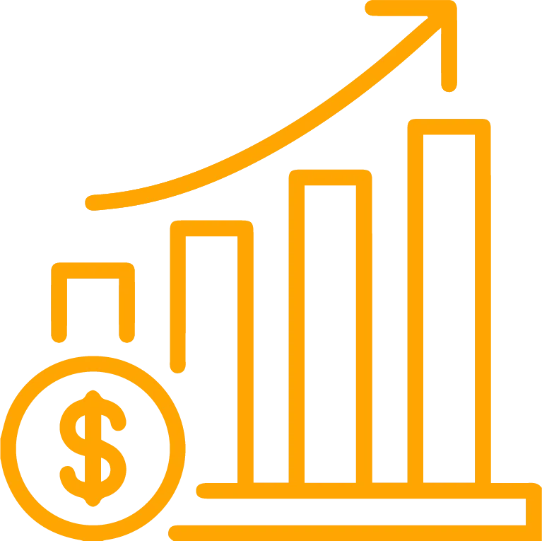 A simple yellow line icon showing a bar chart with an upward-pointing arrow and a coin with a dollar sign, representing financial growth and success.